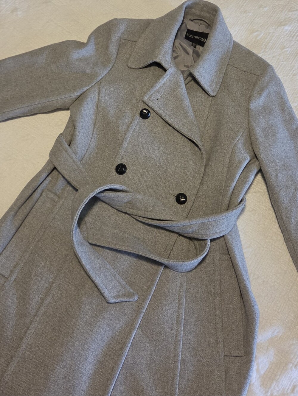 Express Gray Double Breasted Belted Recycled Wool Blend Trench Coat, Size Large